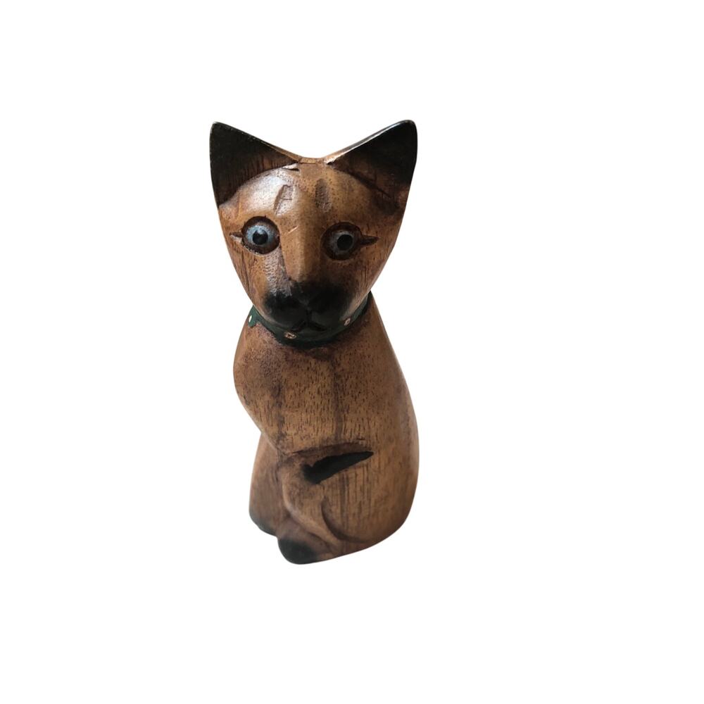 Vintage Cat 4”Wooden Hand Carved Brown/black Blue eyes